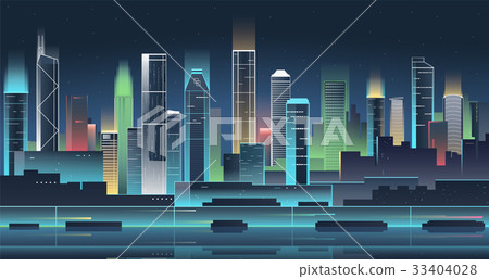 Night city skyline with neon lights. Modern city - Stock Illustration ...
