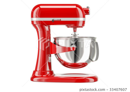 Red stand kitchen mixer, side view. 3D rendering Red stand kitchen mixer, side view. 3D rendering 33407607