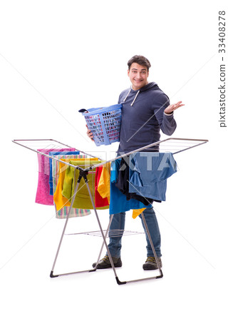 Husband man doing laundry isolated on white Husband man doing laundry isolated on white 33408278