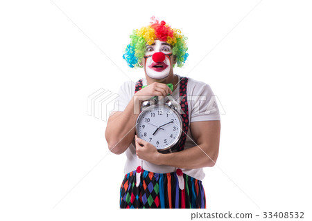 Funny clown with an alarm clock isolated on white Funny clown with an alarm clock isolated on white 33408532