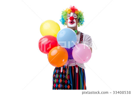Funny clown with balloons isolated on white 33408538