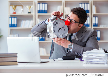 Clown businessman with alarm clock missing Clown businessman with alarm clock missing 33408609