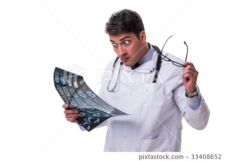 Young male doctor holding a radiograph isolated on 33408652