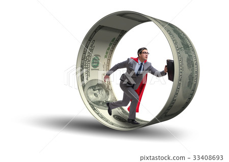 Businessman in hamster wheel chasing dollars Businessman in hamster wheel chasing dollars 33408693