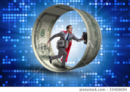 Businessman in hamster wheel chasing dollars Businessman in hamster wheel chasing dollars 33408694