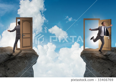 Businessman in teleportation concept with doors Businessman in teleportation concept with doors 33408769