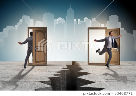 Businessman in teleportation concept with doors Businessman in teleportation concept with doors 33408771