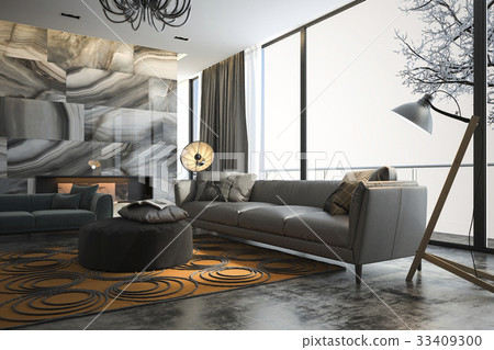 living room with sofa near winter scene window 33409300