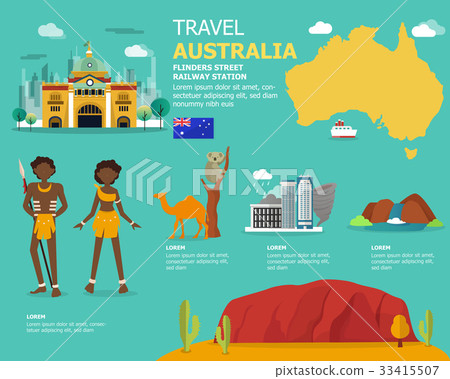 Traveling in Australia with map and landmark icons Traveling in Australia with map and landmark icons 33415507