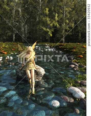 Pretty Blonde Fairy Paddling in a Forest Stream 33420932