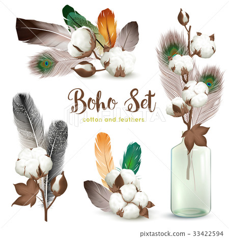 Cotton Bolls Feathers Boho Set  33422594