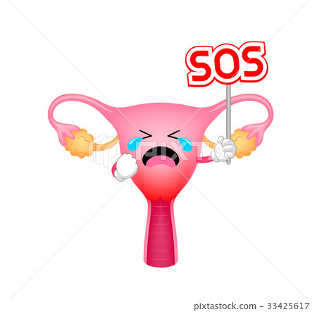 Unhealthy uterus cartoon with poster SOS. Unhealthy uterus cartoon with poster SOS. 33425617
