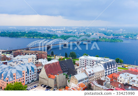 Aerial view of old town and Railway bridge, Riga 33425990