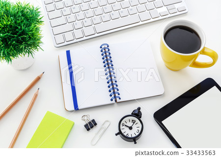 Computer office desk with blank notebook 33433563