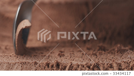 closeup scooping chocolate ice cream with spoon 33434117
