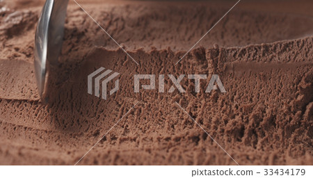 closeup scooping chocolate ice cream with spoon closeup scooping chocolate ice cream with spoon 33434179