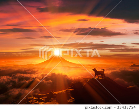 富士山日出和狗剪影 33435754