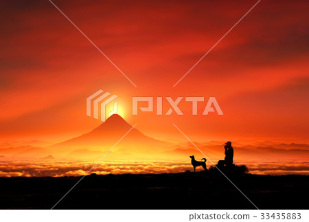 Fuji mountain sunrise and dog silhouette 33435883