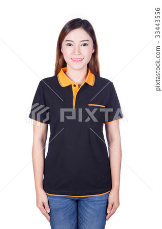 woman in black polo shirt isolated on white background woman in black polo shirt isolated on white background 33443556