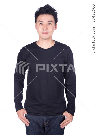 happy man in black long sleeve t-shirt isolated on white backgro 33452560