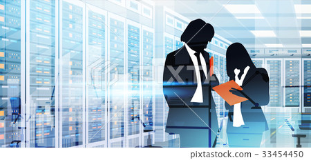 Silhouette People Working In Data Center Room Silhouette People Working In Data Center Room 33454450