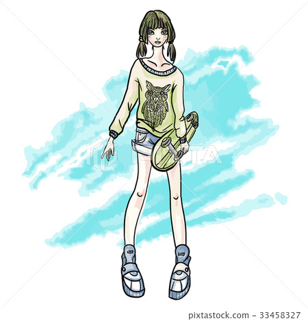 Cute young girl with skateboard. Urban extreme 33458327