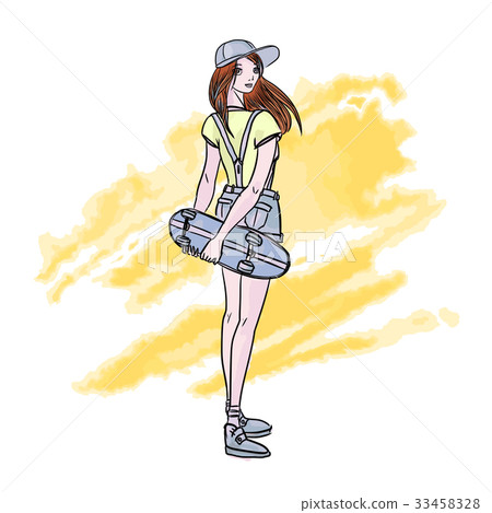 Cute young girl with skateboard. Urban extreme 33458328