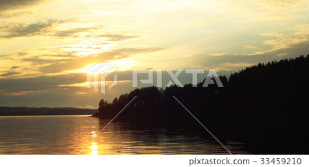Kenozero lake. Sunset. Aged photo. Russian north. 33459210