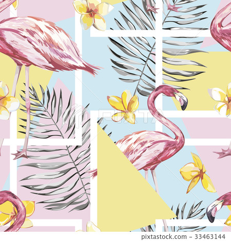 Seamless pattern with tropical Flamingo and leaves 33463144
