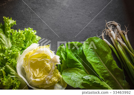 Iceberg salad, green onions and spinach on gray Iceberg salad, green onions and spinach on gray 33463992
