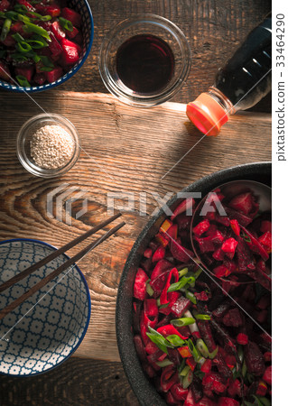 Vegetables in Chinese, soy sauce and a bowl on a 33464290