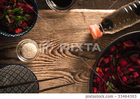 Frame of vegetables in Chinese, soy sauce on 33464303