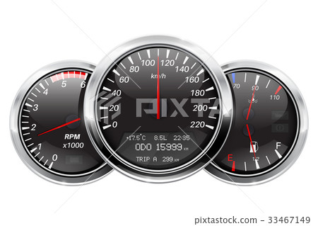 Dashboard. Black round gauges with chrome frame 33467149
