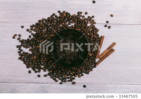 Plate with coffee scrub is on the table Plate with coffee scrub is on the table 33467505