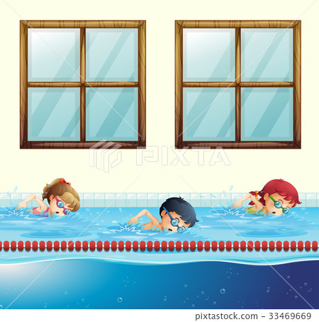 Three kids swimming in the pool Three kids swimming in the pool 33469669