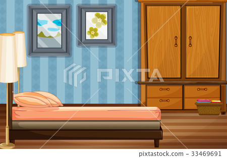 Bedroom scene with bed and wooden closet 33469691