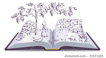 Fox and grapes. Open book fable illustration Fox and grapes. Open book fable illustration 33471885