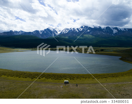 Mountain lake sunset landscape aerial Mountain lake sunset landscape aerial 33480031