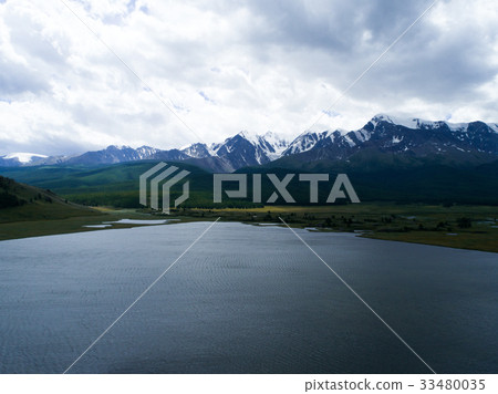 Mountain lake sunset landscape aerial Mountain lake sunset landscape aerial 33480035