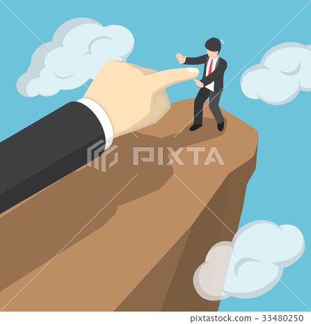 Hand push businessman to fall the from cliff. Hand push businessman to fall the from cliff. 33480250