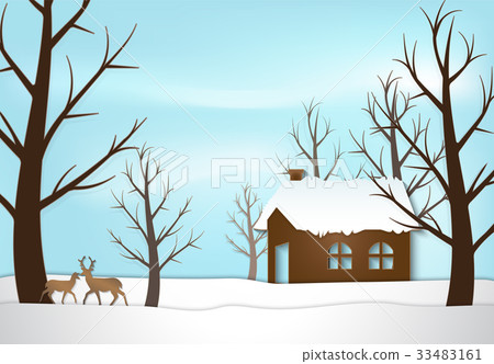Cottage and deer Christmas season background 33483161