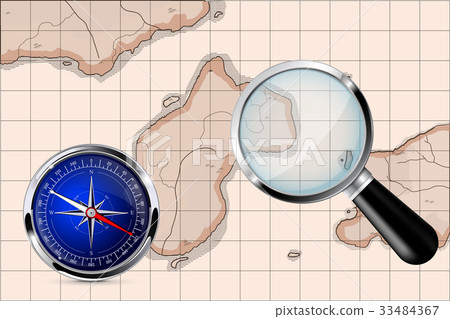 Magnifying glass, compass, old map 33484367