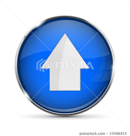 Blue UP button with white arrow. Shiny 3d icon 33486855