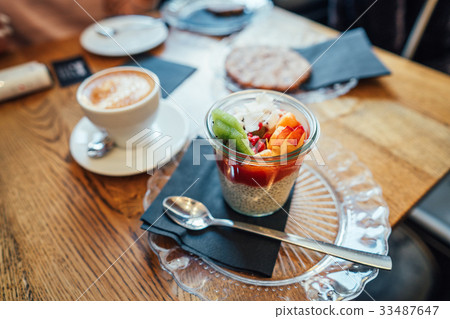 Cappuccino with spoon in cup and dessert Cappuccino with spoon in cup and dessert 33487647