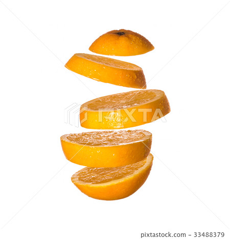 Creative concept with flying orange. Sliced orange isolated on white background. 33488379
