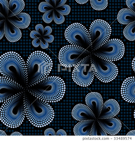 Seamless pattern with blue tiare flower. Dots, doted pattern. Monoi flower. Black background. 33489574