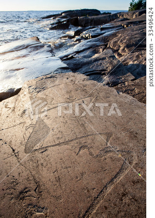 View on Onega Lake granite shore with ancient View on Onega Lake granite shore with ancient 33496424