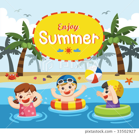 Happy kids play and swim at the sea. 33502927