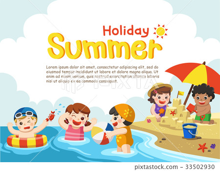 Happy kids play and swim at the beach. 33502930