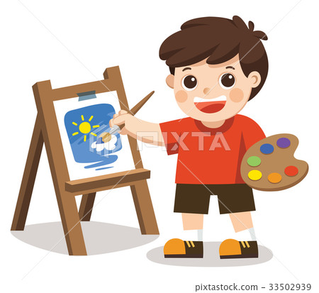 Cute artist boy painting flower on canvas. - Stock Illustration ...